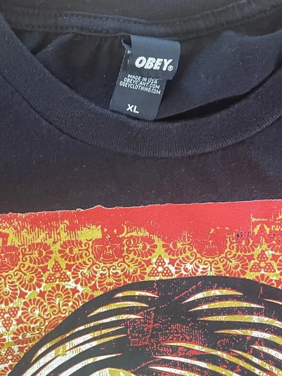Obey Shepherd Fairy - Black Short Sleeve Tee with Red & Yellow Graphic - Picture 2 of 8